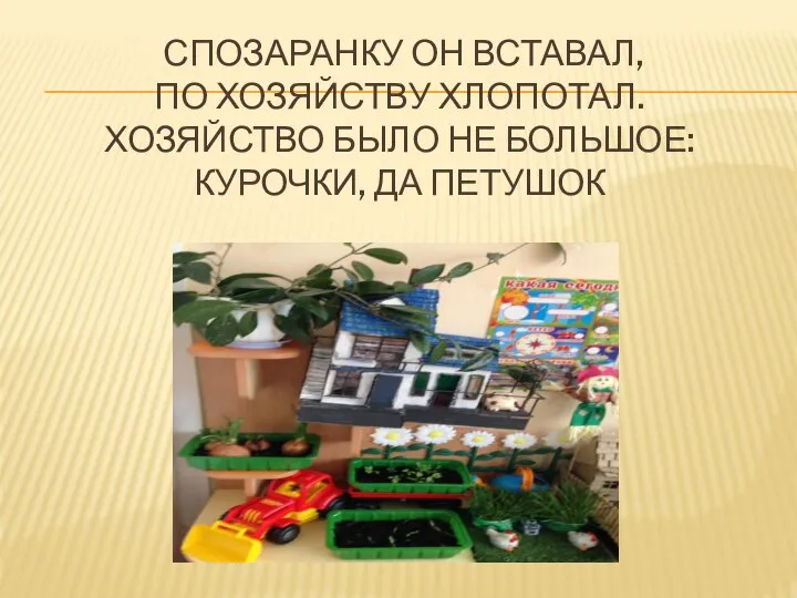 СПОЗАРАНКУ ОН ВСТАВАЛ, ПО ХОЗЯЙСТВУ ХЛОПОТАЛ. ХОЗЯЙСТВО БЫЛО НЕ БОЛЬШОЕ: КУРОЧКИ, ДА ПЕТУШОК