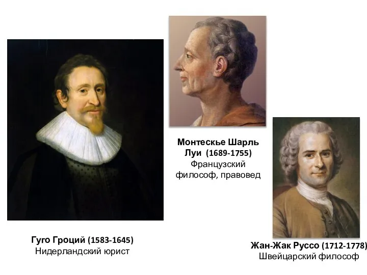 Гуго Гроций (1583-1645) Нидерландский юрист Монтескье Шарль Луи (1689-1755) Французский философ, правовед