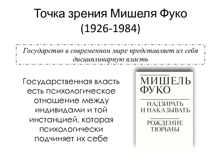 Точка зрения Мишеля Фуко (1926-1984) Государственная власть есть психологическое отношение между индивидами