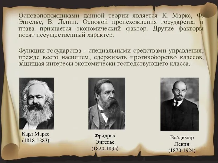 Основоположниками данной теории является К. Маркс, Ф. Энгельс, В. Ленин. Основой происхождения