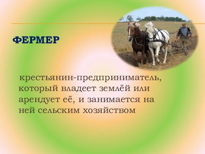 крестьянин-предприниматель, который владеет землёй или арендует её, и занимается на ней сельским хозяйством ФЕРМЕР