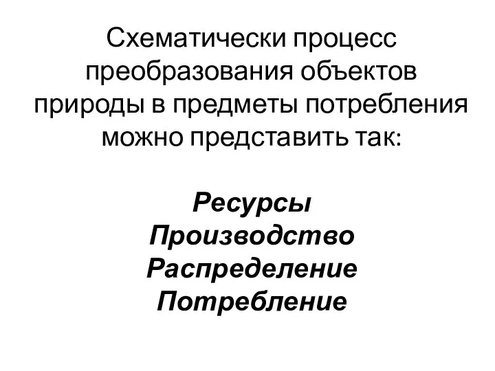 Схематически процесс преобразования объектов природы в предметы потребления можно представить так: Ресурсы Производство Распределение Потребление