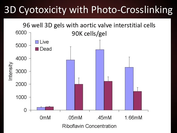 3D Cyotoxicity with Photo-Crosslinking 96 well 3D gels with aortic valve interstitial cells 90K cells/gel