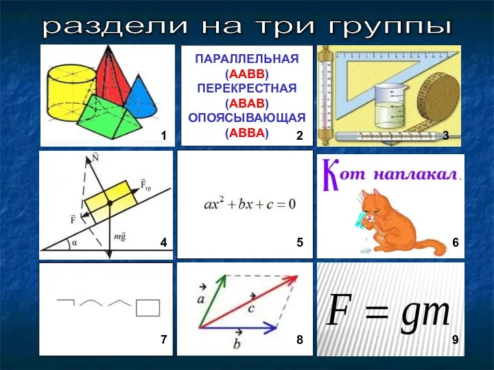 ПАРАЛЛЕЛЬНАЯ (ААВВ) ПЕРЕКРЕСТНАЯ (АВАВ) ОПОЯСЫВАЮЩАЯ (АВВА) раздели на три группы 1 2