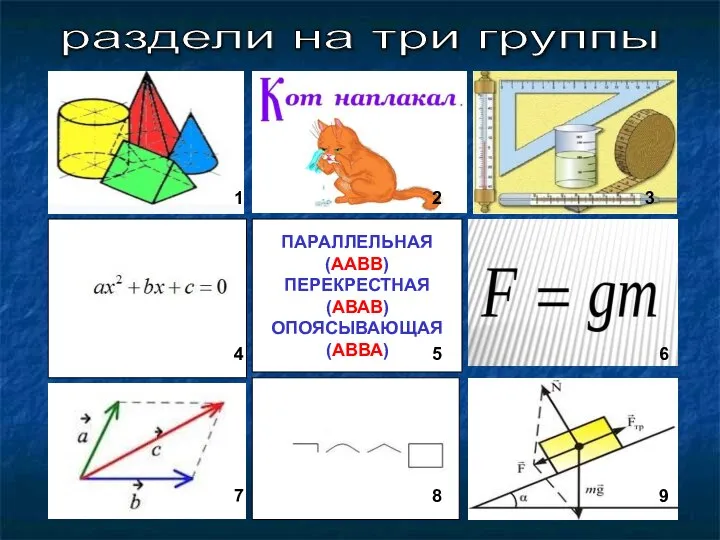 ПАРАЛЛЕЛЬНАЯ (ААВВ) ПЕРЕКРЕСТНАЯ (АВАВ) ОПОЯСЫВАЮЩАЯ (АВВА) раздели на три группы 1 2