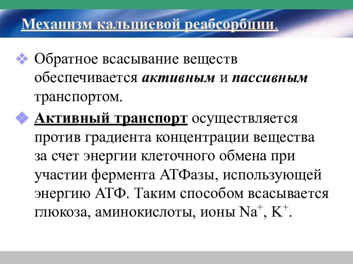 Механизм кальциевой реабсорбции. Обратное всасывание веществ обеспечивается активным и пассивным транспортом. Активный