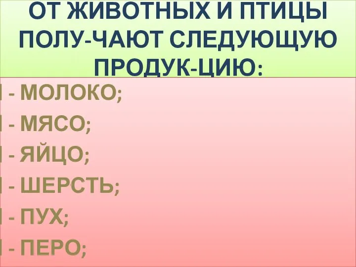 ОТ ЖИВОТНЫХ И ПТИЦЫ ПОЛУ-ЧАЮТ СЛЕДУЮЩУЮ ПРОДУК-ЦИЮ: - МОЛОКО; - МЯСО; -