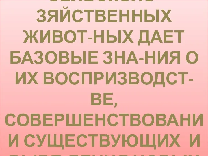 РЕЗВЕДЕНИЕ СЕЛЬСКОХО-ЗЯЙСТВЕННЫХ ЖИВОТ-НЫХ ДАЕТ БАЗОВЫЕ ЗНА-НИЯ О ИХ ВОСПРИЗВОДСТ-ВЕ, СОВЕРШЕНСТВОВАНИИ СУЩЕСТВУЮЩИХ И ВЫВЕ-ДЕНИЯ НОВЫХ ПОРОД