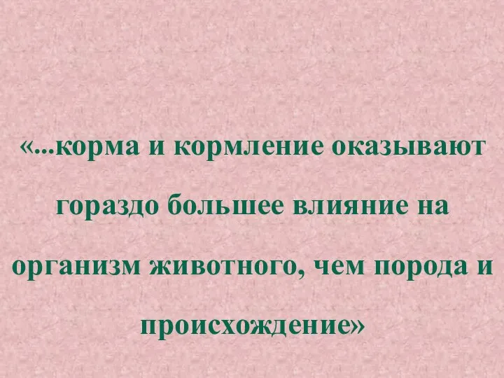 «...корма и кормление оказывают гораздо большее влияние на организм животного, чем порода и происхождение»