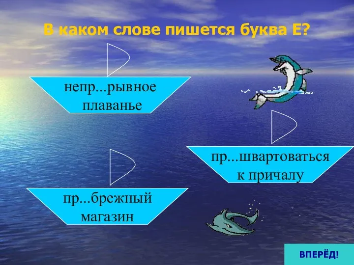 В каком слове пишется буква Е? непр...рывное плаванье пр...брежный магазин пр...швартоваться к причалу ВПЕРЁД!