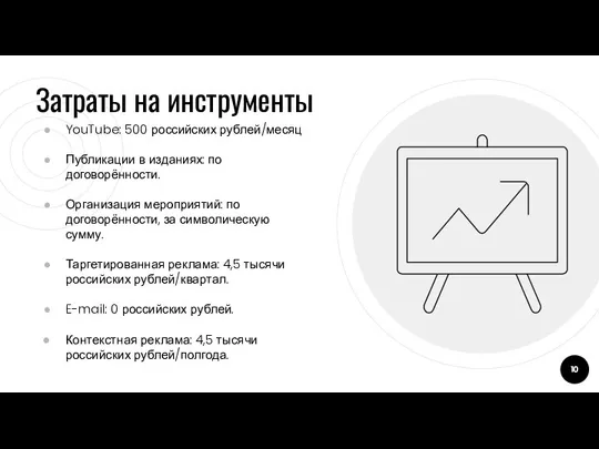Затраты на инструменты YouTube: 500 российских рублей/месяц Публикации в изданиях: по договорённости.