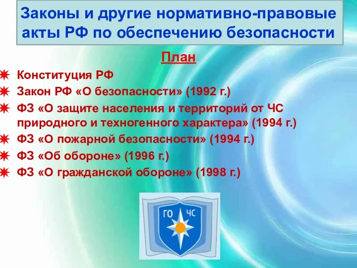 Законы и другие нормативно-правовые акты РФ по обеспечению безопасности План Конституция РФ