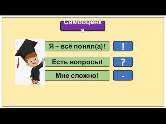 Самооценка ! Я – всё понял(а)! Есть вопросы! Мне сложно! ? -