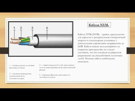 Кабеля NYM. Кабель NYM (NUM) – провод предназначен для передачи и распределения