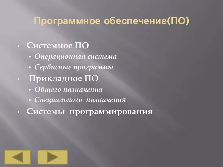 Программное обеспечение(ПО) Системное ПО Операционная система Сервисные программы Прикладное ПО Общего назначения Специального назначения Системы программирования