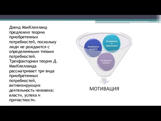 Дэвид МакКлелланд предложил теорию приобретенных потребностей, поскольку люди не рождаются с определенными