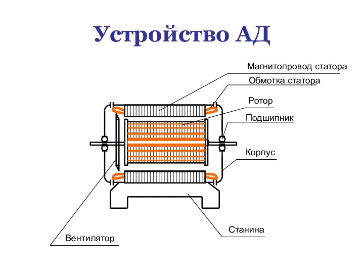 Устройство АД Магнитопровод статора Обмотка статора Ротор Вентилятор Подшипник Корпус Станина 0