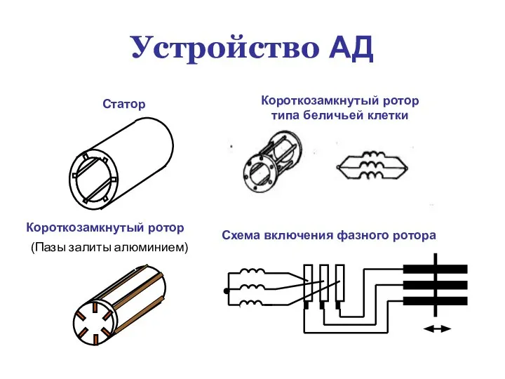 Устройство АД Статор Короткозамкнутый ротор типа беличьей клетки Короткозамкнутый ротор Схема включения