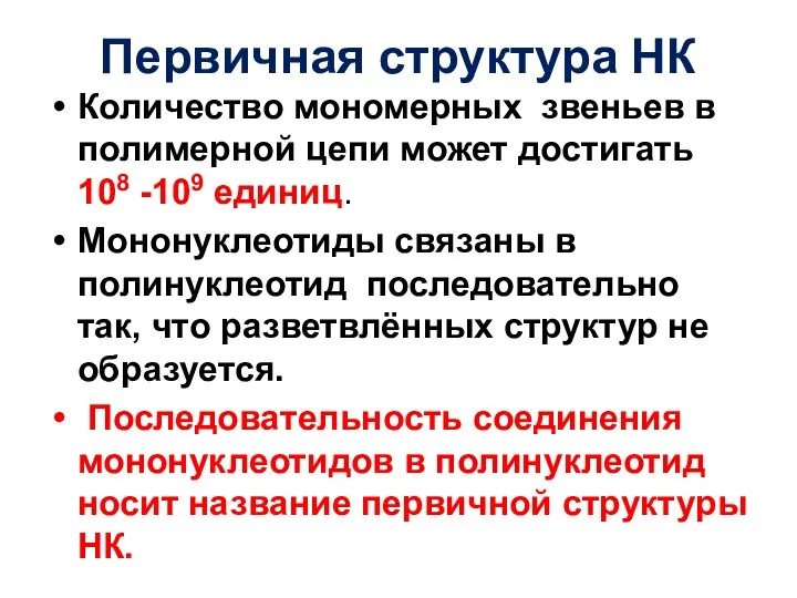 Первичная структура НК Количество мономерных звеньев в полимерной цепи может достигать 108