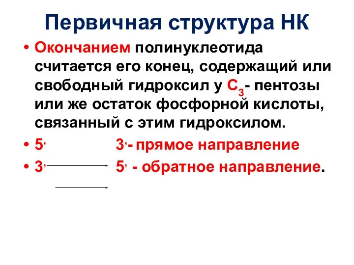 Первичная структура НК Окончанием полинуклеотида считается его конец, содержащий или свободный гидроксил