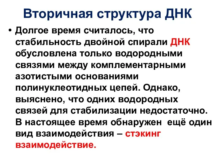 Вторичная структура ДНК Долгое время считалось, что стабильность двойной спирали ДНК обусловлена