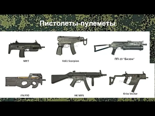 Пистолеты-пулеметы FN P90 HK MP5 Vz61 Scorpion Kriss Vector ПП-19 "Бизон" MP7