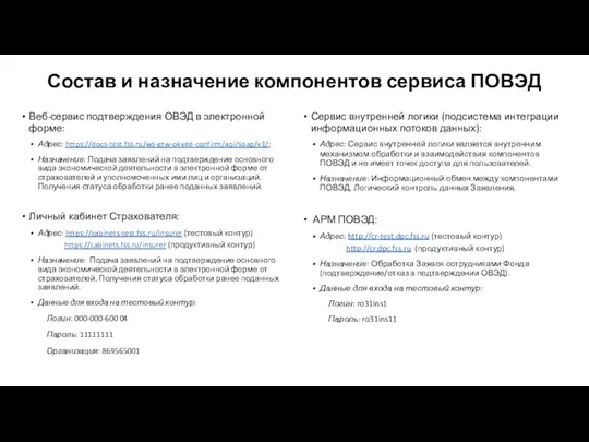 Состав и назначение компонентов сервиса ПОВЭД Веб-сервис подтверждения ОВЭД в электронной форме: