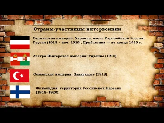 Страны-участницы интервенции Германская империя: Украина, часть Европейской России, Грузия (1918 − нач.