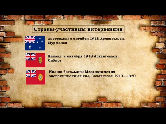 Страны-участницы интервенции Австралия: с октября 1918 Архангельск, Мурманск Канада: с октября 1918