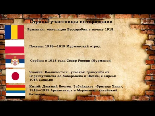 Страны-участницы интервенции Румыния: оккупация Бессарабии в начале 1918 Польша: 1918—1919 Мурманский отряд