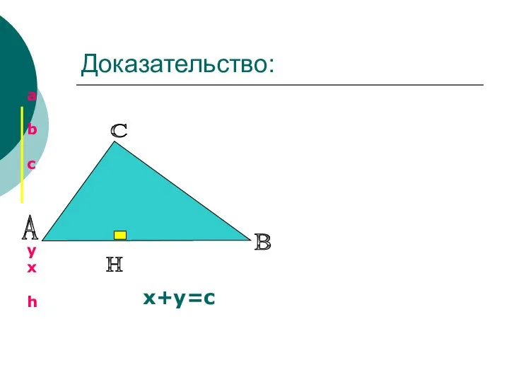 Доказательство: a b c y х h А В С Н х+у=с