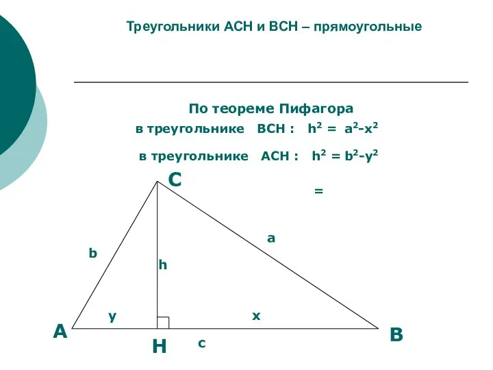 Треугольники АCН и ВСН – прямоугольные По теореме Пифагора в треугольнике ВСН