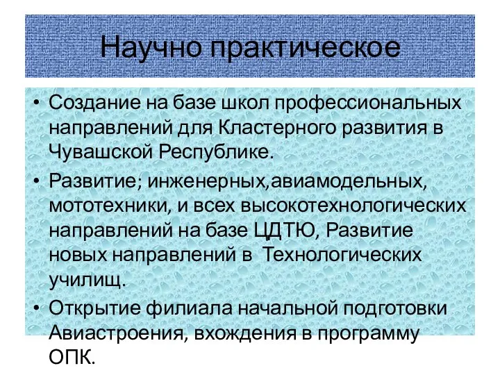 Научно практическое Создание на базе школ профессиональных направлений для Кластерного развития в