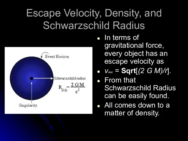 Escape Velocity, Density, and Schwarzschild Radius In terms of gravitational force, every