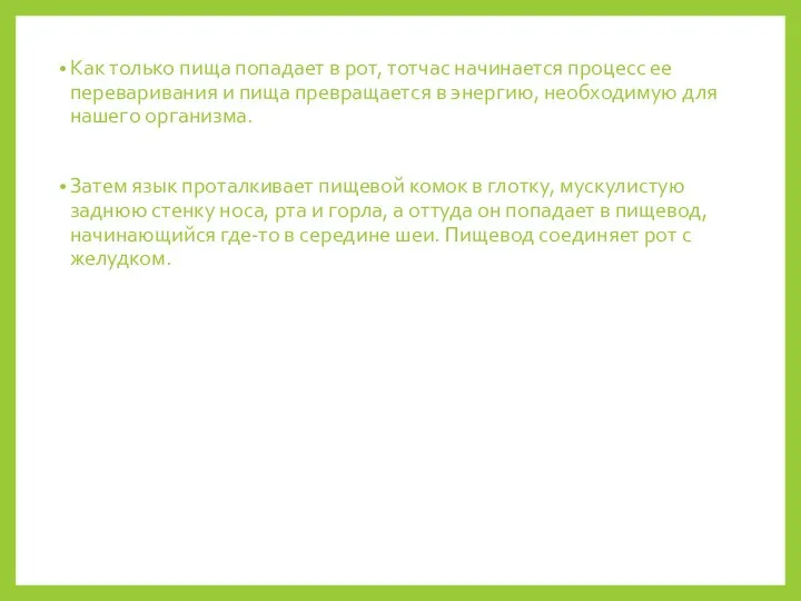 Как только пища попадает в рот, тотчас начинается процесс ее переваривания и