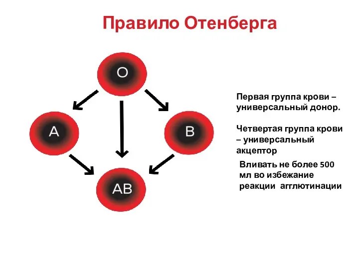 Правило Отенберга Первая группа крови – универсальный донор. Четвертая группа крови –