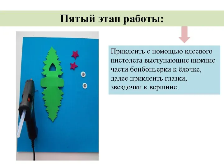 Приклеить с помощью клеевого пистолета выступающие нижние части бонбоньерки к ёлочке, далее