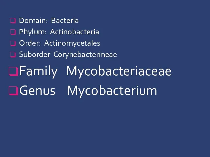 Domain: Bacteria Phylum: Actinobacteria Order: Actinomycetales Suborder Corynebacterineae Family Mycobacteriaceae Genus Mycobacterium