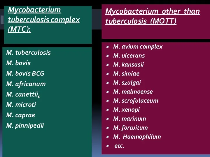 Mycobacterium tuberculosis complex (MTC): Mycobacterium other than tuberculosis (MOTT) M. tuberculosis M.