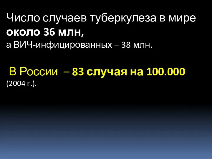 Число случаев туберкулеза в мире около 36 млн, а ВИЧ-инфицированных – 38