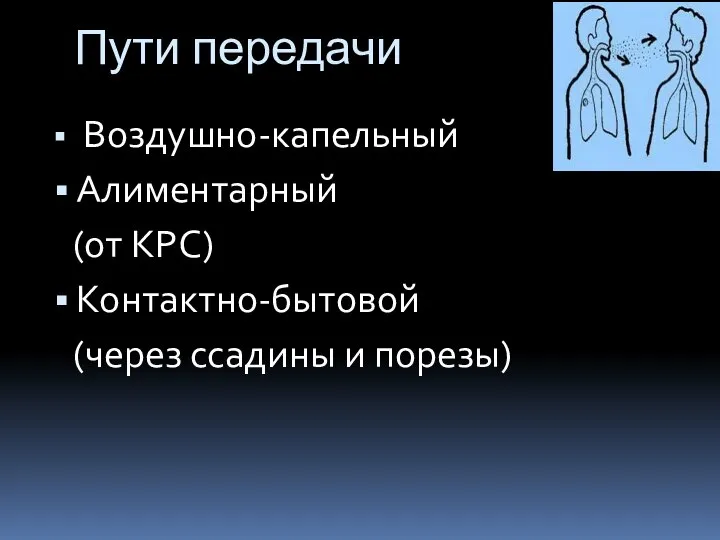 Пути передачи Воздушно-капельный Алиментарный (от КРС) Контактно-бытовой (через ссадины и порезы)