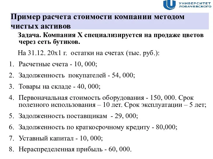 Пример расчета стоимости компании методом чистых активов Задача. Компания Х специализируется на