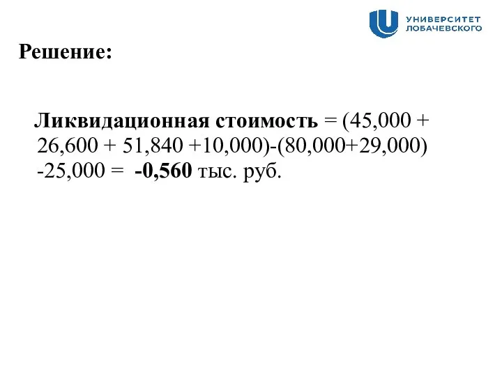 Решение: Ликвидационная стоимость = (45,000 + 26,600 + 51,840 +10,000)-(80,000+29,000) -25,000 = -0,560 тыс. руб.