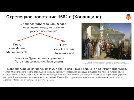 Стрелецкое восстание 1682 г. (Хованщина) Боярская Дума решила короновать Петра (опасались, что