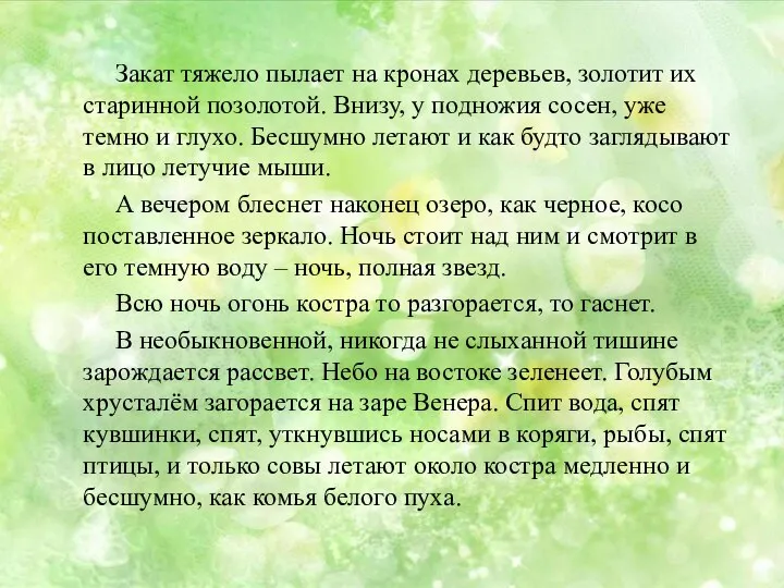 Закат тяжело пылает на кронах деревьев, золотит их старинной позолотой. Внизу, у