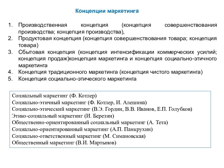 Концепции маркетинга Производственная концепция (концепция совершенствования производства; концепция производства), Продуктовая концепция (концепция