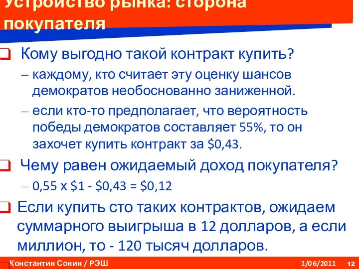 Устройство рынка: сторона покупателя Кому выгодно такой контракт купить? каждому, кто считает