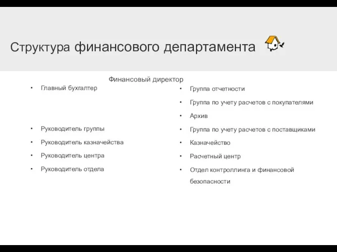 Главный бухгалтер Руководитель группы Руководитель казначейства Руководитель центра Руководитель отдела Группа отчетности