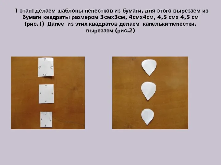 1 этап: делаем шаблоны лепестков из бумаги, для этого вырезаем из бумаги