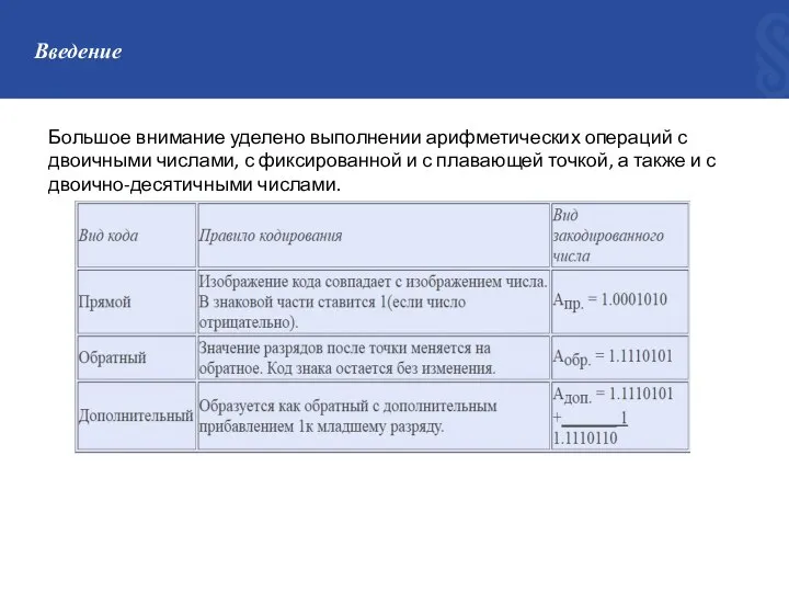 Введение Большое внимание уделено выполнении арифметических операций с двоичными числами, с фиксированной